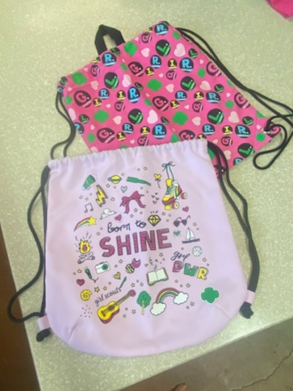 (2)   Girl Scouts Pink G.I.R.L. and 'Born to Shine' Drawstring Backpacks Cinch